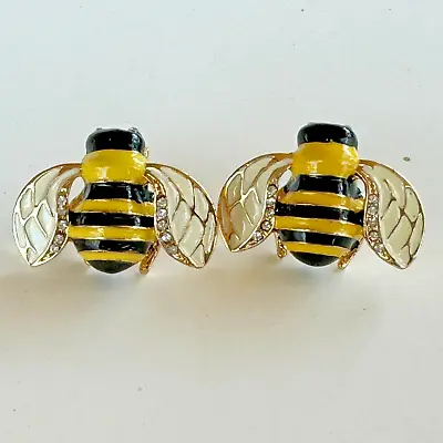 Vintage Gold Tone Bumble Bee Stud Earrings Yellow Black White Enamel Rhinestones • $11.99