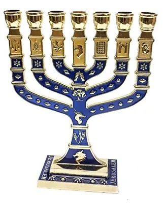 Golden Menorah 7 Branch 12 Tribes Of Israel Jerusalem Menora Blue Enamel 4.7  • $18.16