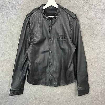AllSaints Jacket Mens XL Black Perforated Leather Biker Motorcycle Coat Snap • $124.44