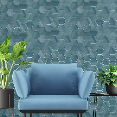 Geo Denim Blue Hexagon Feature Faux Grasscloth Textured Wallpaper 3D Geometric • $4.35