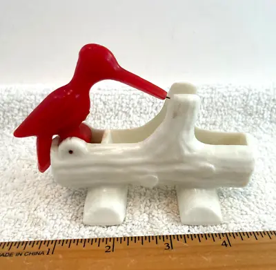 VTG Plastic Woodpecker Toothpick Holder Dispenser White Red Bird • $22.12
