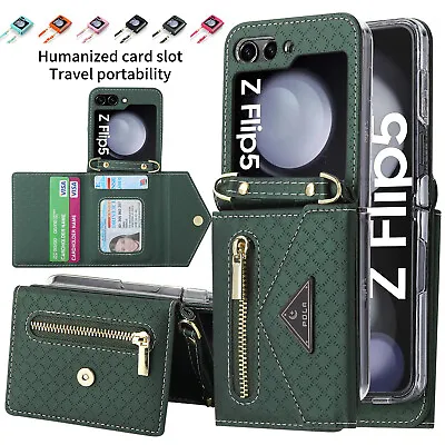 $20.81 • Buy For Samsung Z Flip 5 4 3 5G Leather Wallet Case Card Slot Crossbody Strap Cover