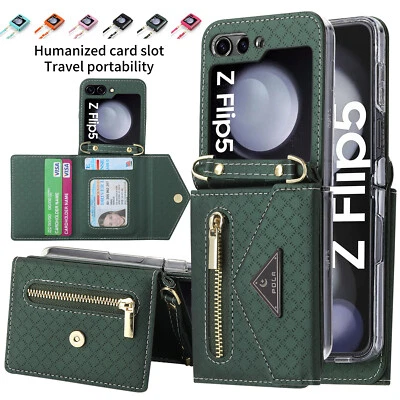 $20.81 • Buy For Samsung Z Flip 5 4 3 5G Leather Wallet Case Card Slot Crossbody Strap Cover