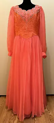 Vintage Mike Benet Formals Sequin Gown Orange Long Scalloped Neckline Plus Sz 16 • $79.99