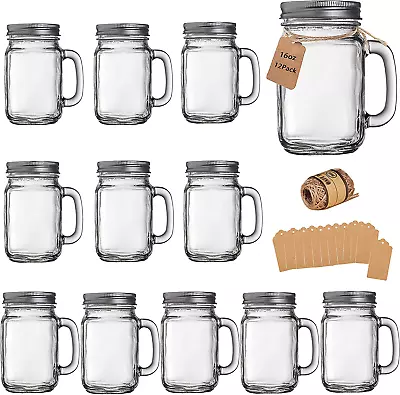 Mason Jar Cups With Handle And Lids Drinking Glasses Glass Mugs 16 Oz –12 Pack • $46.99