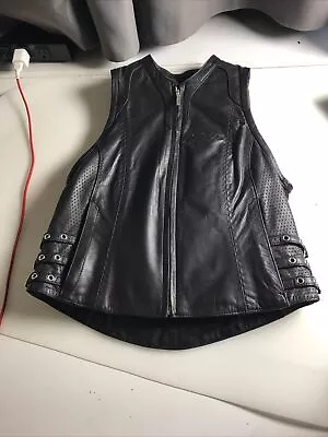 Icon Bombshell Black Leather Motorcycle Vest Womens Xs Back Armor • $39