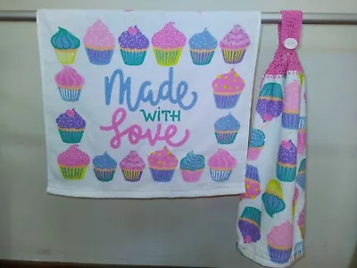 2 Double Thickness Terry Hand Towels Towel Set 1 Button Top Towel Yummy Cupcakes • $18.95