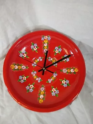 Red Roses And Castles Hand Painted Upcycled Enamel Wall Clock Barge Ware#01 • £32