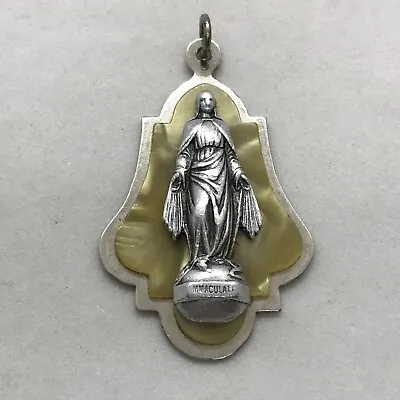 Antique Virgin Mary Pendant White Metal W Celluloid Base Germany • $7.99