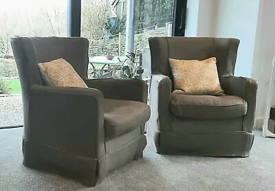 A Pair Of Retro Habitat Wingback Armchairs - Loose Covers - Grey/Brown • £100