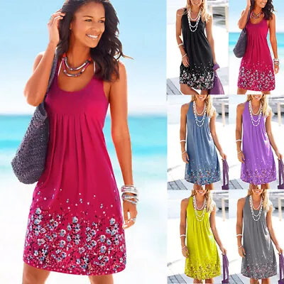 £10.70 • Buy Womens Summer Sleeveless Floral Dress Ladies Holiday Beach Boho Tank Sun Dress