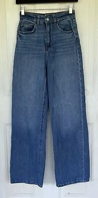 H&M Womens Wide Leg High Rise Jeans Size 4 Medium Wash Blue Denim Y2K Skater • $24.99