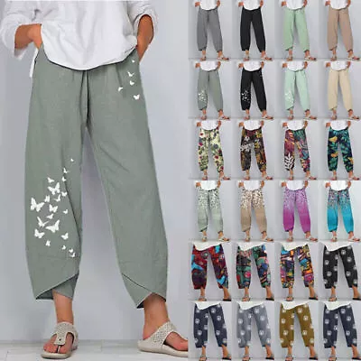 UK Womens Cotton Linen Baggy Harem Pants Ladies Summer Casual Trousers Plus Size • £10.79