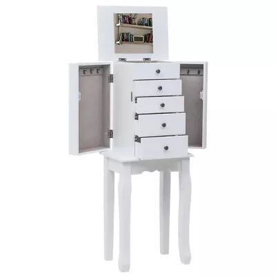 Jewelry Armoire With Mirror 5 Drawers 14 Necklace Hooks 2 Side Swing Doors White • $79.89