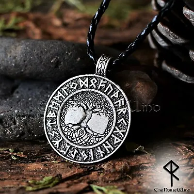 Yggdrasil Viking Necklace Norse Runes Pendant Tree Of Life Silver Asatru Amulet • $34.99