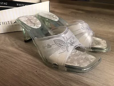 Vintage 90s Butterfly Cinderella Clear Plastic Jelly Block Heel Sandal Sz 7 Box • $19.99