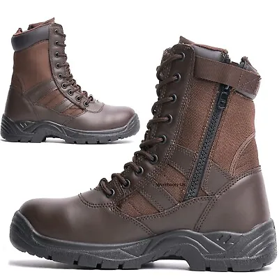 Mens Leather Non Safety Military Combat Police Army Zip Up Work Shoes Boots Size • £24.95