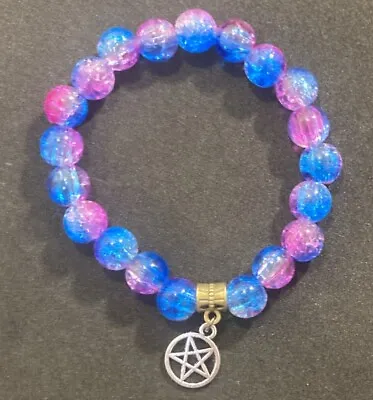 Cracked Bead & Pentagram Charm Pagan Wiccan Stretch Bracelet Friendship Gift • £3.49