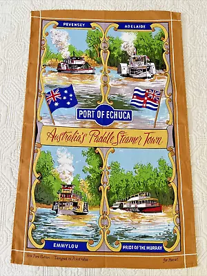 Vintage Harwil Tea Towel W Port Of Echuca Pattern Australian Paddle Steamer Art • $25.44