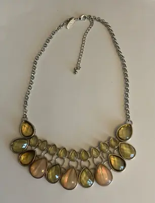 Vintage NY Brand Silver Tone Bib Necklace (green And Peach Stone) • $5.99