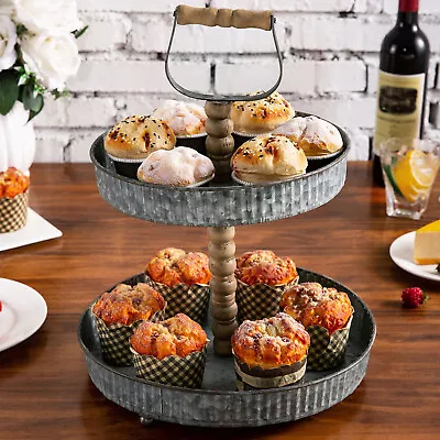 MyGift 2 Tier Rustic Galvanized Metal Cupcake Dessert Display Stand With Handle • $33.99