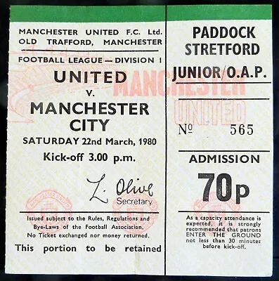 £3.95 • Buy Manchester United V Manchester City  22-3-1980  Ticket