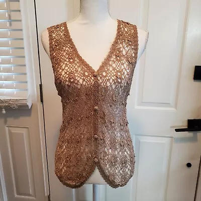 Vintage Lisa Crochet Cardigan Vest Womens Small Mocha Brown Boho Festival • $35.99