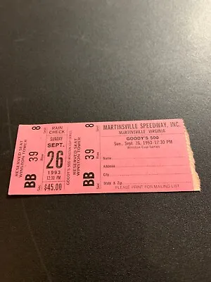 Nascar Ticket Martinsville Sept 26 1993 • $5