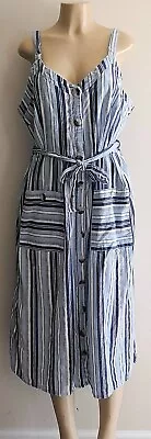 Mlle Gabrielle Denim Blue Striped Sleeveless Button Front Belted Dress Size 2X  • $18