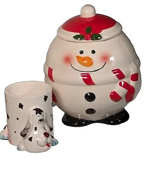 Retro Cookies Jar Roly Poly Ceramic Snowman Tii Collection Red White 9.5  2 Mugs • $42.70