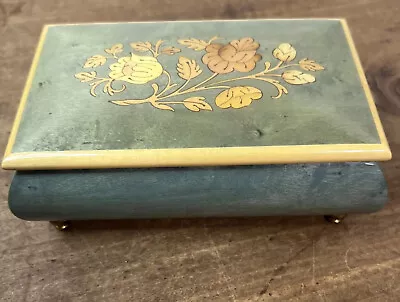 Vintage Swiss Reuge Wooden Hinged Jewelry Box Footed Made In Italy Plays Romance • $60