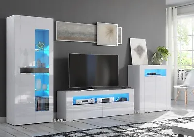 White TV Stand Display Cabinet Sideboard Modern Gloss & Matt Set LED Lights • £229.90