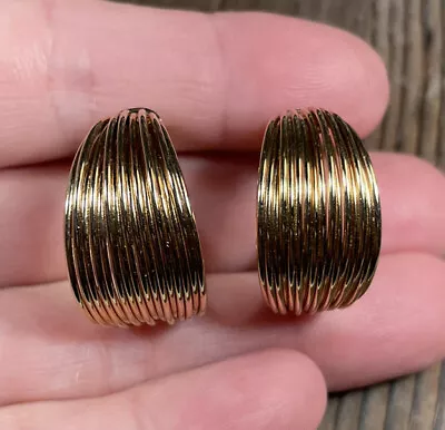 Vintage Quality Gold Tone Wide Hoop Earrings Pierced Post 1” Ribbed • $8.40