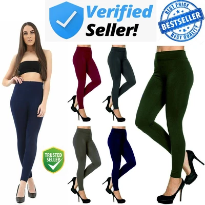 £3.99 • Buy Womens Leggings Ladies LINED Black Tummy Control High Waist Size NEW Plain