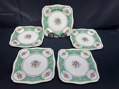 Set Of 5 ~ Myott  FLORAL  Green ~ Staffordshire ~ Square Salad Plates ~ 8 1/2  • $39.99