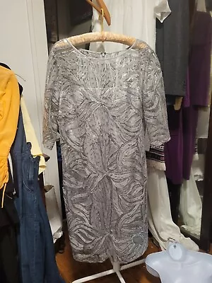 Tahari Arthur S Levine Silver Gray Embroidered Mesh & Sequins Sheath Dress 16 • $25