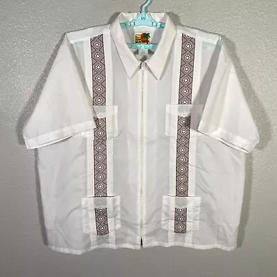 Haband Guayabera Shirt Mens 3XL White Brown Full Zip 4 Pocket Casual Embroidered • $22.99