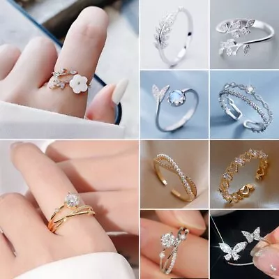 Elegant 925 Silver Flower Love Heart Zircon Open Ring Women Adjustable Jewelry • $1.09