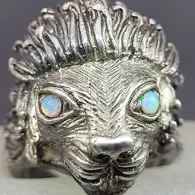 Vintage Outrageous Ring Lion Head Opal Eyes Sterling Silver Size 9 • $225