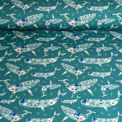 Cotton Jersey Fabric Blooming Seas In Teal Floral Whales Stretch Fabric • £8.25