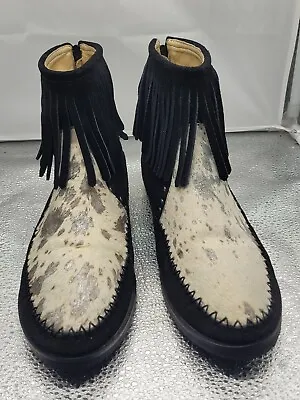 Montana West Black Suede White Gray Metallic Calf Hair Fringed Booties WMNS US 8 • $40