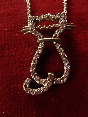 Sweet Vintage Sterling Silver Rhinestone Cat Kitten Pendant Necklace 18  Inches • $16.99