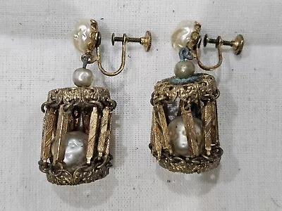 Vintage Unsigned Miriam Haskell Faux Pearl Cage Drop Gold Tone Screw Earrings • $39.99