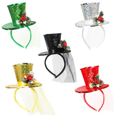 Mini Glitter Top Hat With Holly Christmas Headband Veil Ladies Party Fancy Dress • £6.99