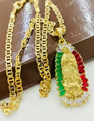 Virgen De Guadalupe Necklace Pendant 44x20 Guadalupe CZ Charm Mariner Chain Dije • $39.99