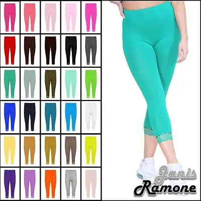 Womens Lace Trim 3/4 Leggings Plain Capri Stretchy Gym Active Yoga Cropped Pants • £9.49