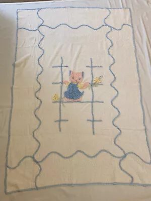 Vtg Chenille Baby Blanket Crib Cover Spread Yellow Blue Kitty 38”x 58”Nice • $29.75