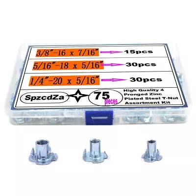 SpzcdZa Zinc Plated Steel T-Nut 4 Pronged Tee Blind Nuts Assortment Kit For • $12.98