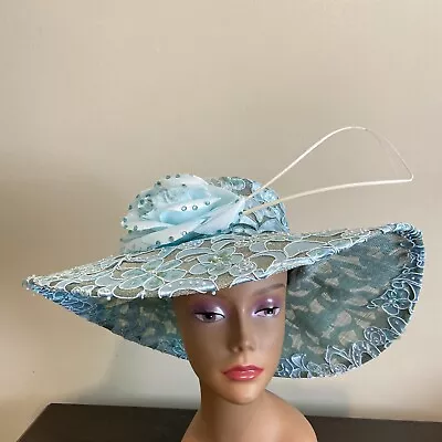 Gorgeous Mr Song Women’s Wide Brim Hat Blue Big Flower Faux Pearls Sequins EUC • $75