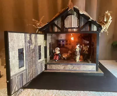 Stunning  Rustic Barn Christmas Musical Light Up Wind Up Animated Nativity Scene • £45